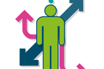 Graphic of man with a question mark and arrows
