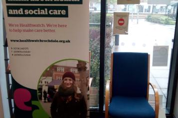 Healthwatch banner and chair in Nye Bevan House