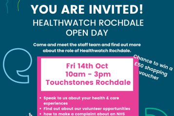 Invitation to Healthwatch Rochdale Open Day with date, time & location